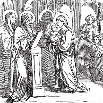 Baby Jesus presented in temple with Mary, Joseph, Simeon and Anna (Biblische Geschichte, Germany, 1859.)